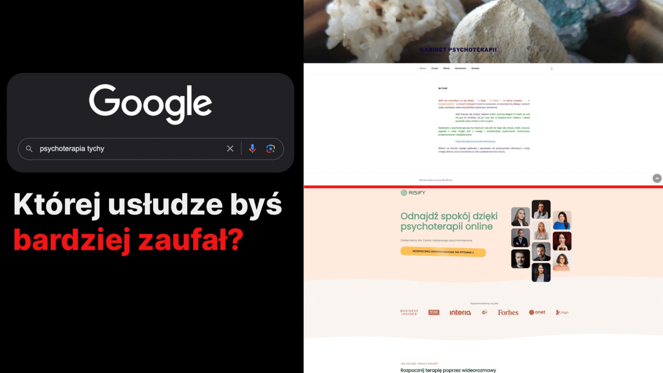 Porównanie dwóch wyników wyszukiwania frazy "psychoterapia tychy" z dopiskiem "której usłudze byś zaufał?".