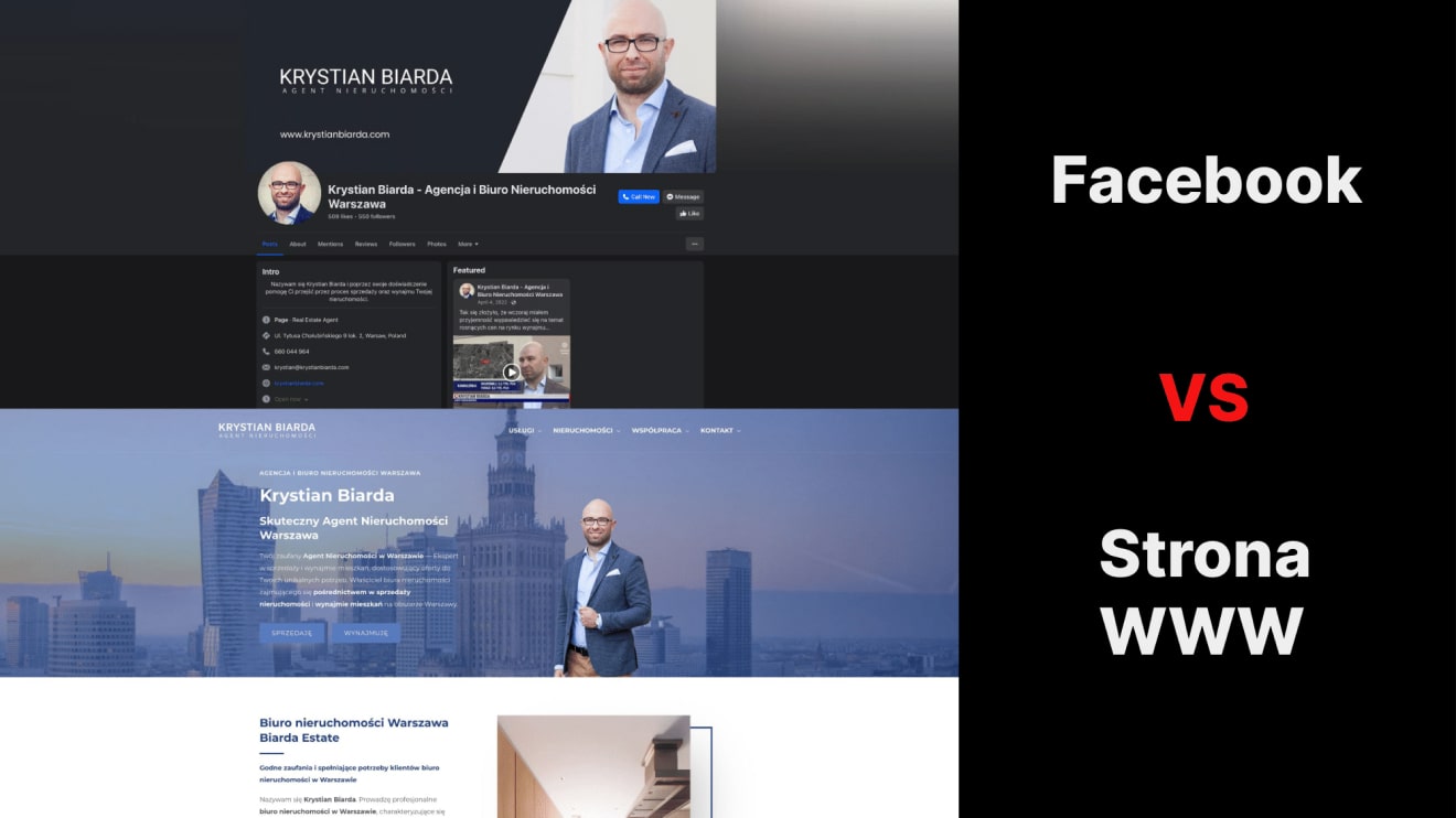 Porównanie profilu warszawskiego agenta nieruchomości na Facebooku z jego stroną internetową.