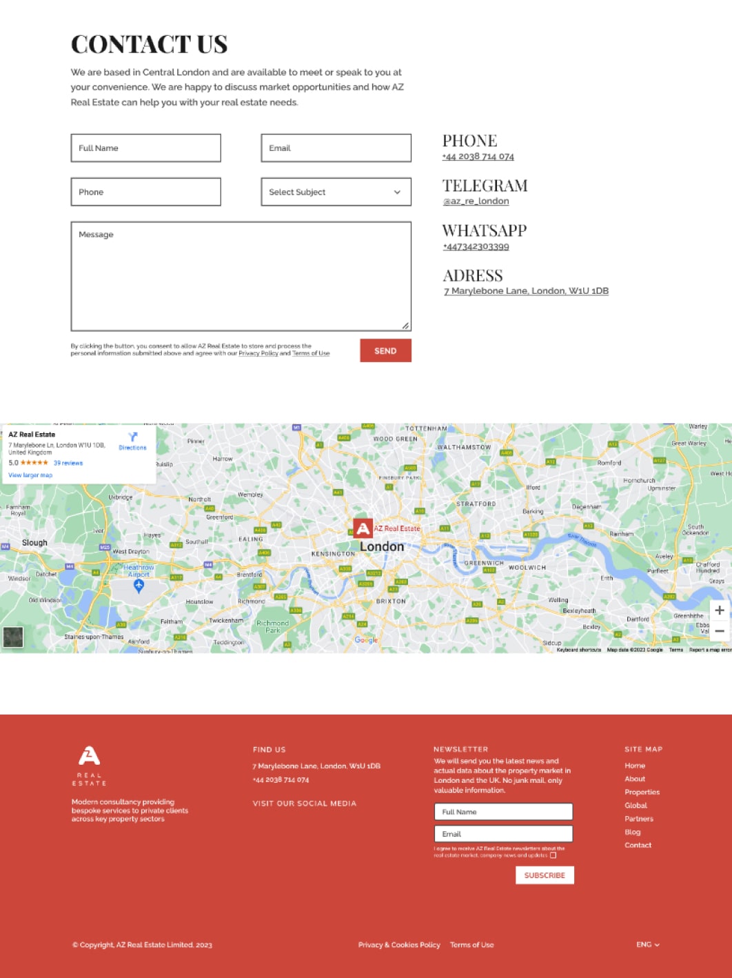 Zmodernizowany projekt strony internetowej biura nieruchomości AZ Real Estate, stopka