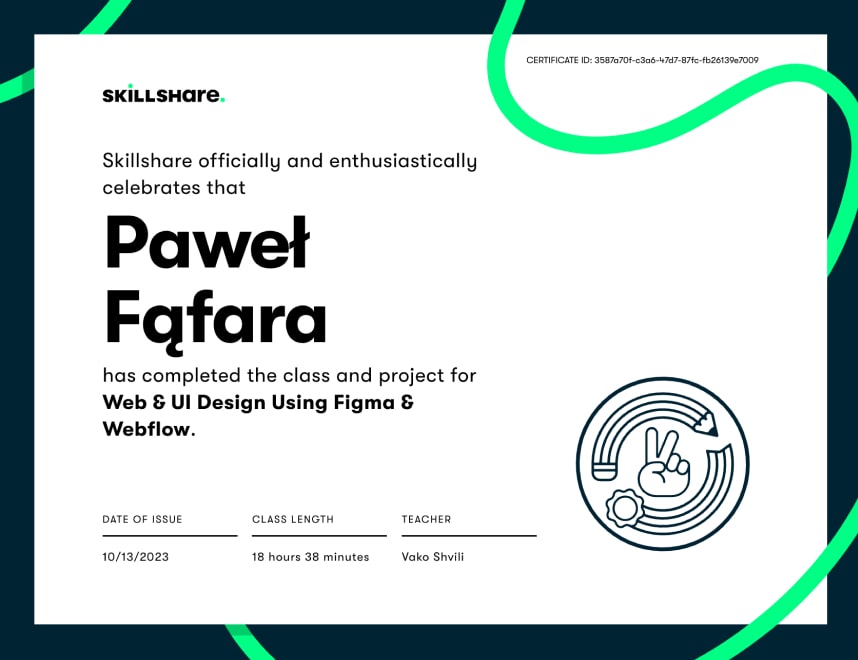 Certyfikat Skillshare ukończenia kursu Webflow i Figmy 
